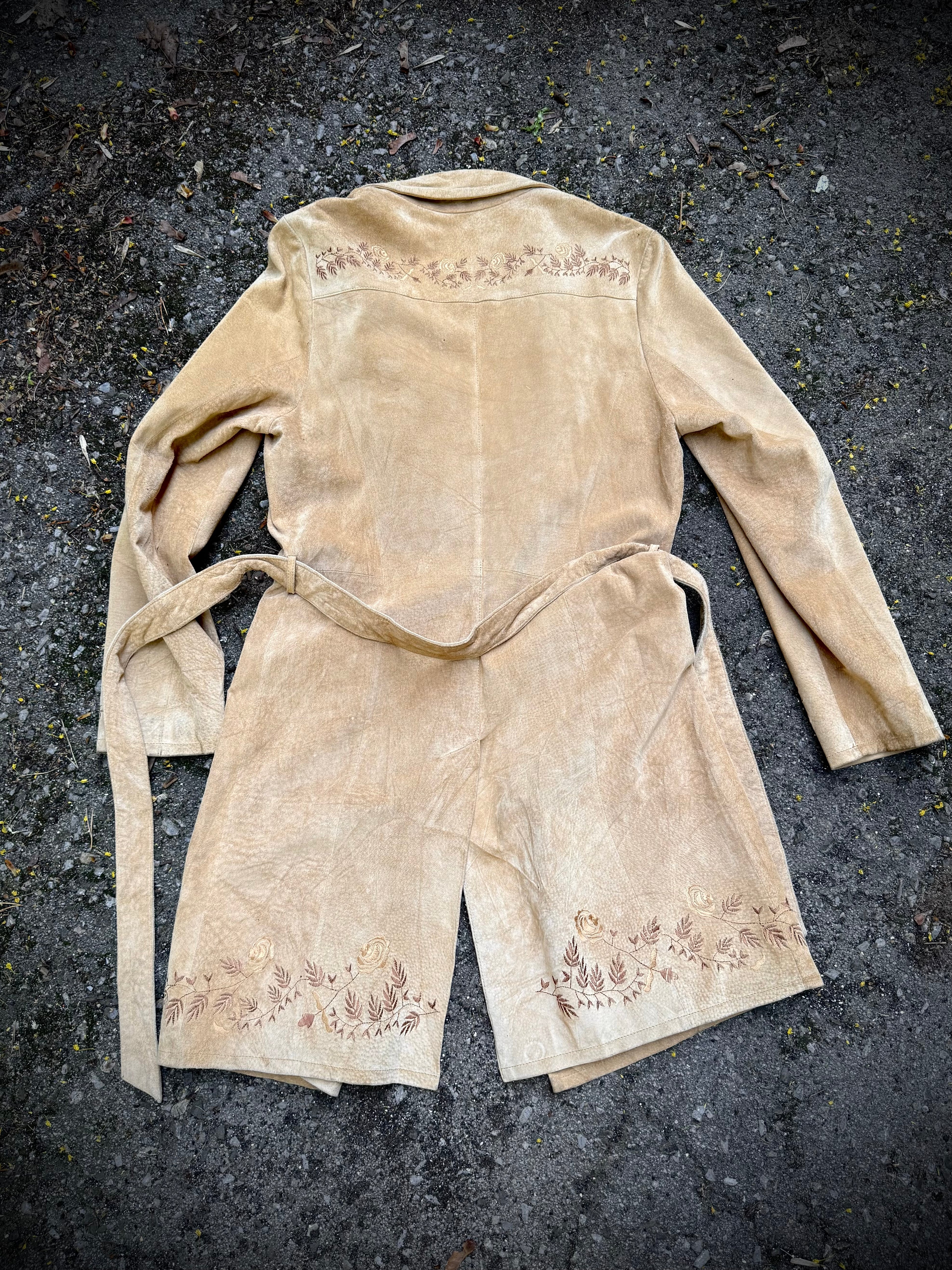 Vintage Embroidered Suede Tie Coat | Medium