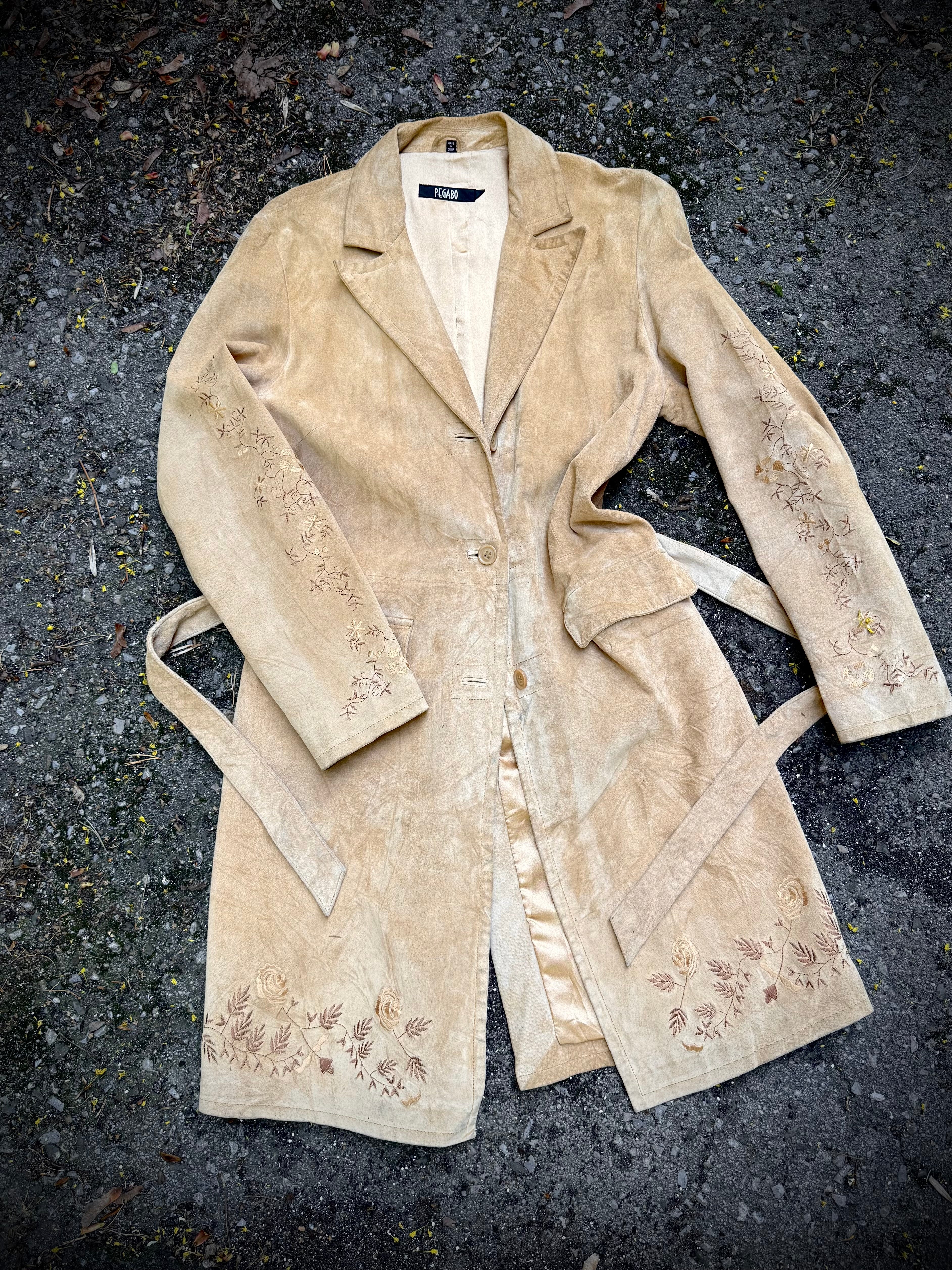 Vintage Embroidered Suede Tie Coat | Medium