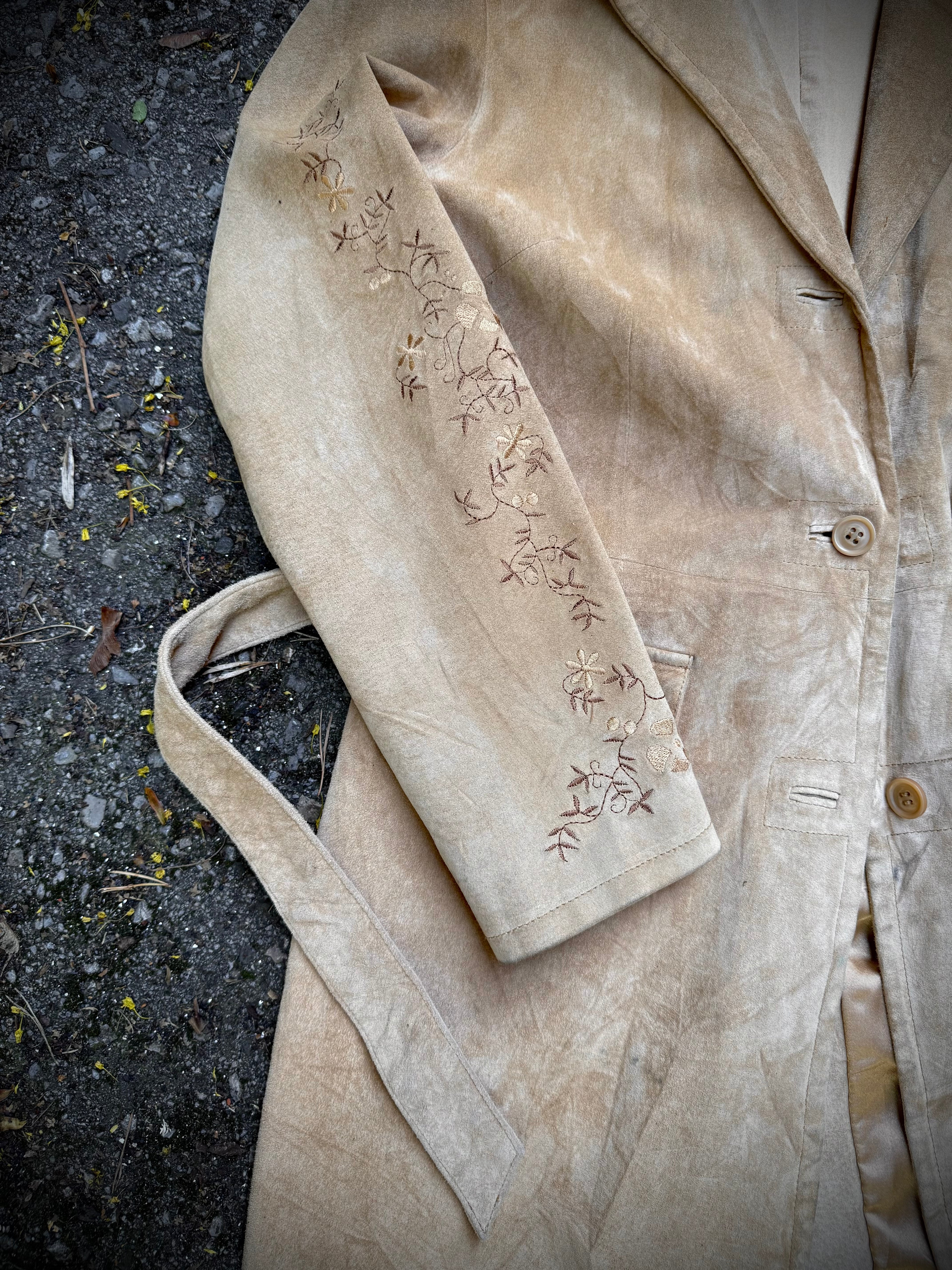 Vintage Embroidered Suede Tie Coat | Medium