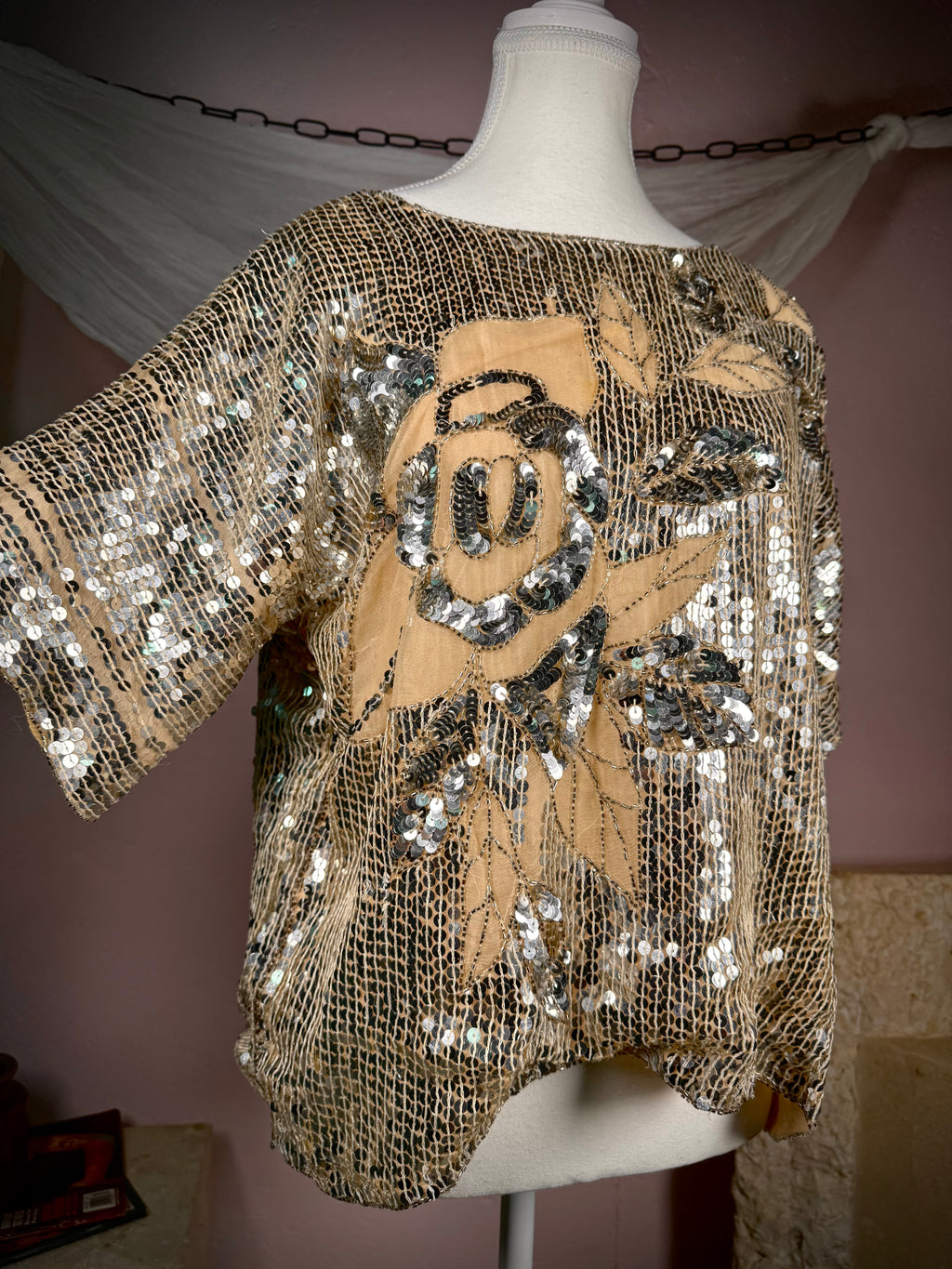 Vintage 1980s Silk Sequin Rose Top | Large