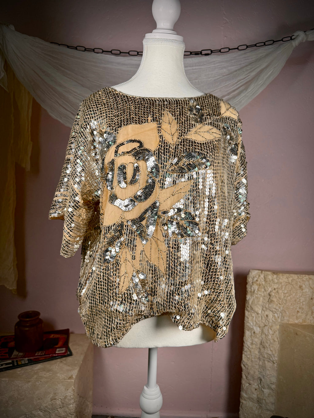 Vintage 1980s Silk Sequin Rose Top | Large