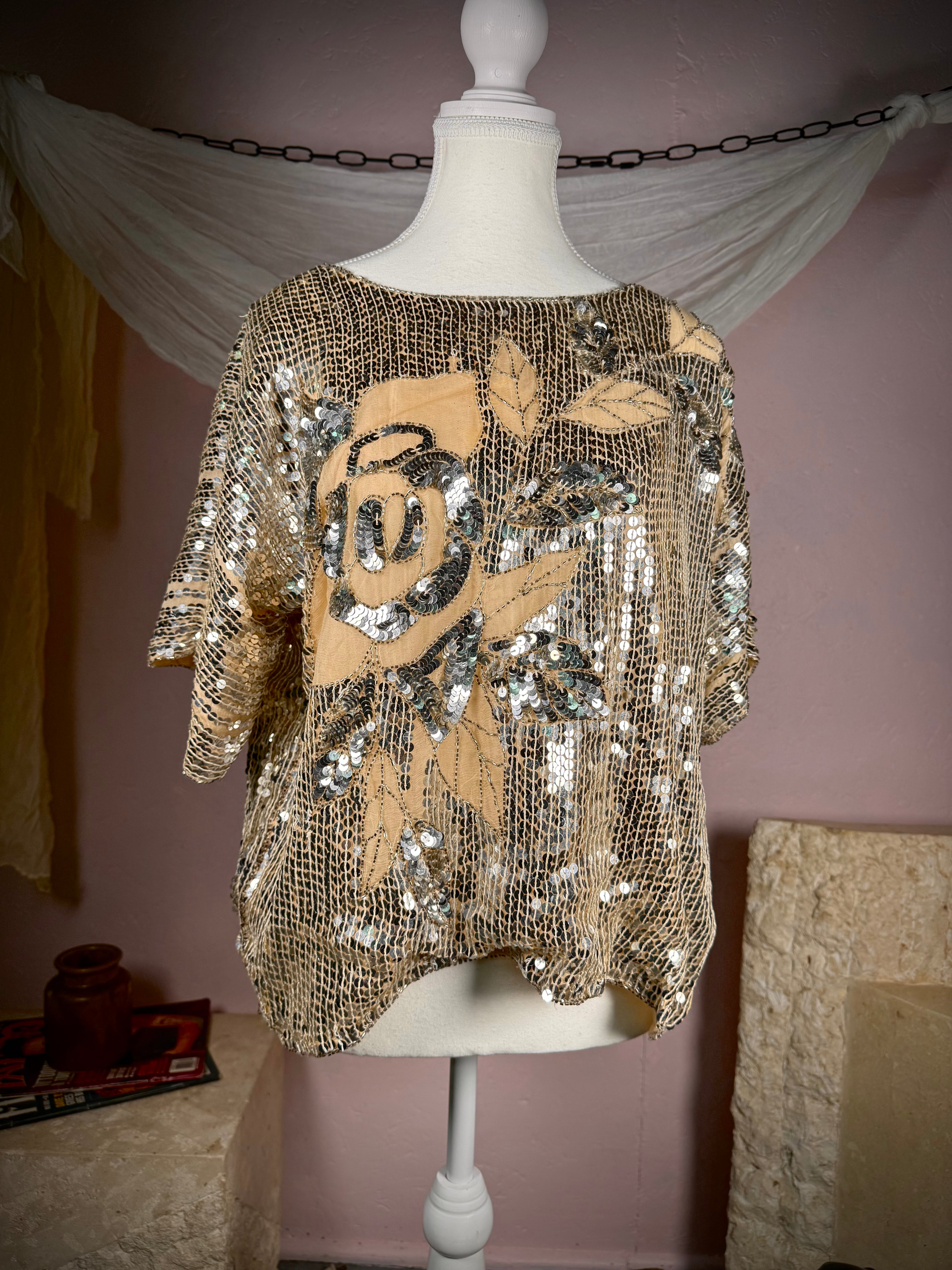 Vintage 1980s Silk Sequin Rose Top | Large