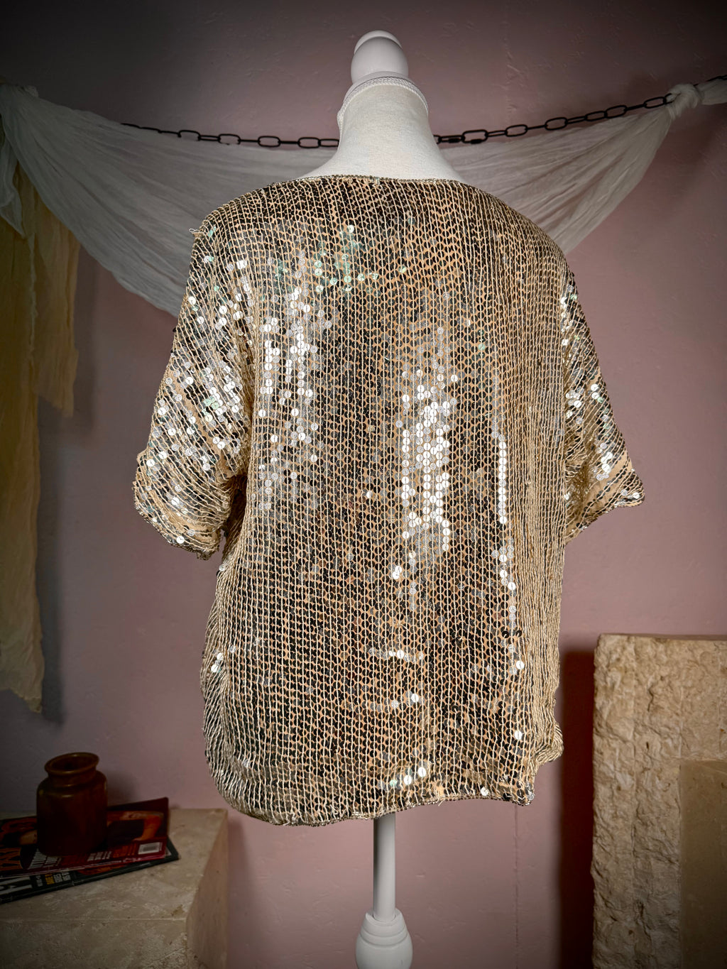 Vintage 1980s Silk Sequin Rose Top | Large