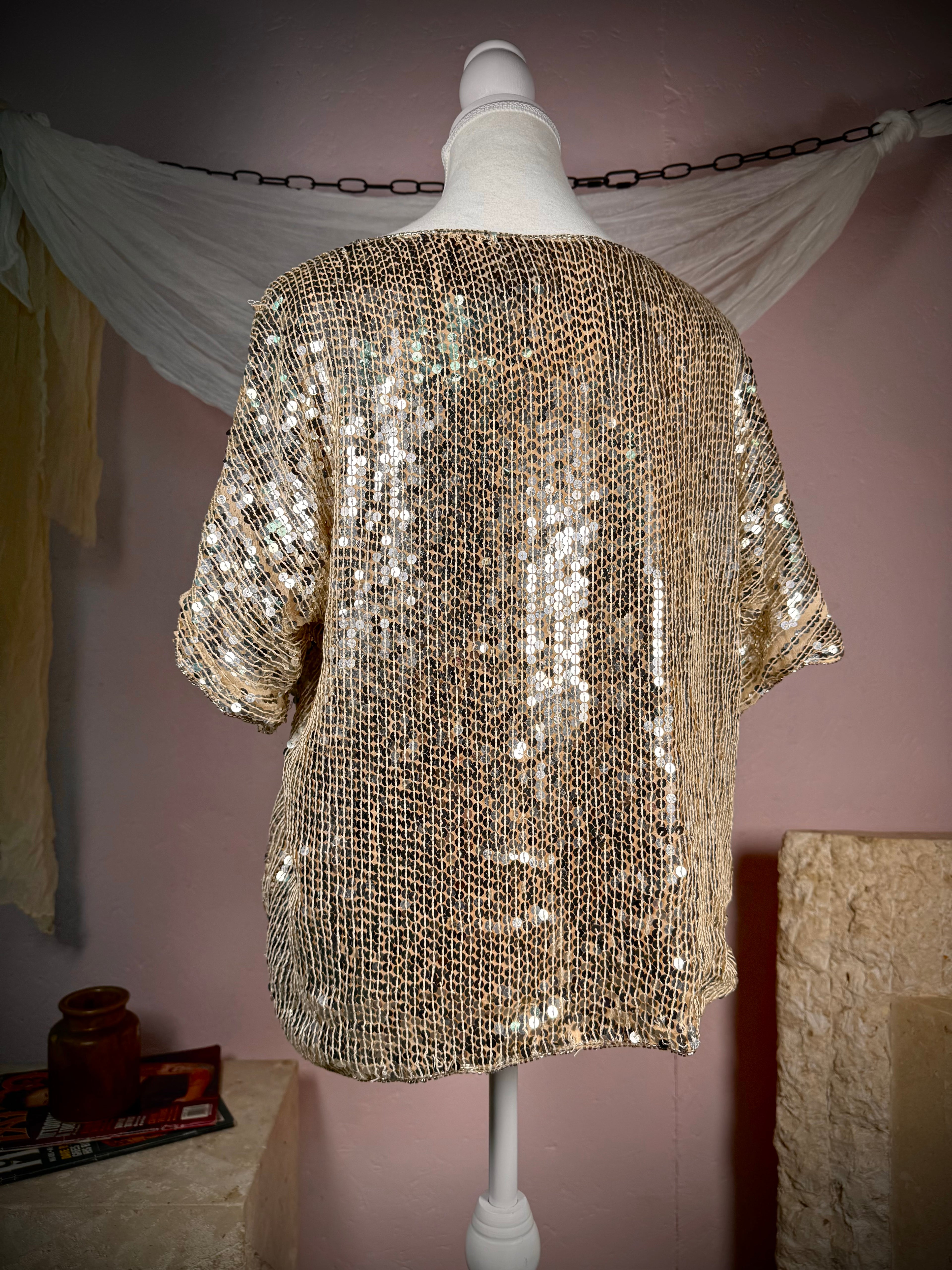 Vintage 1980s Silk Sequin Rose Top | Large