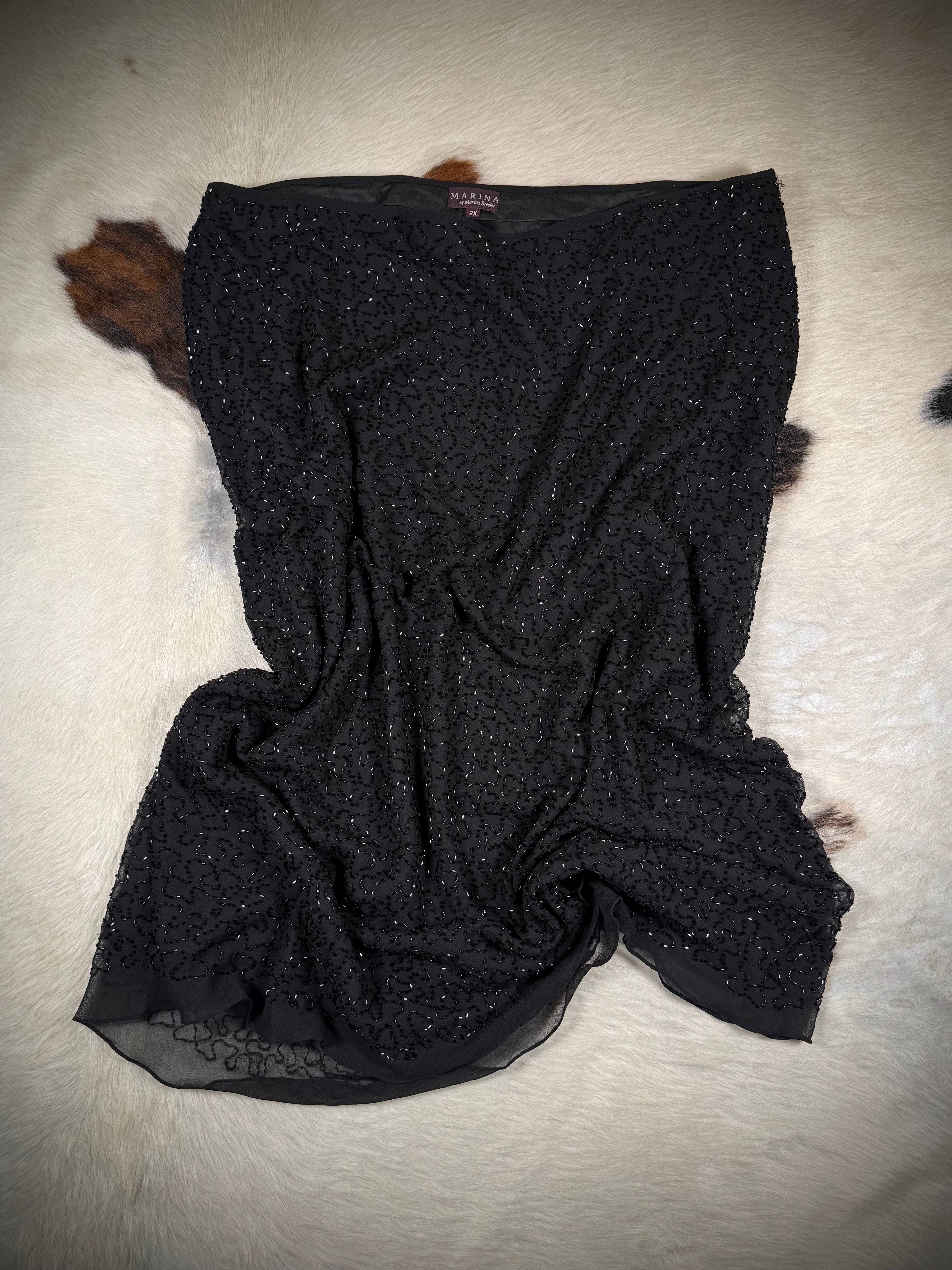 Vintage Black Beaded Midi Slip Skirt | 2X